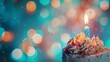 cake with candles on blue background, in the style of bokeh panorama, recycled, confetti-like dots, light turquoise and light brown, cute and colorful