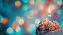 Cake With Candles On Blue Background, In The Style Of Bokeh Panorama, Recycled, Confetti-like Dots, Light Turquoise And Light Brown, Cute And Colorful