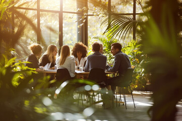 Wall Mural - Diverse group of professionals having a meeting at a modern office table with green plants in background