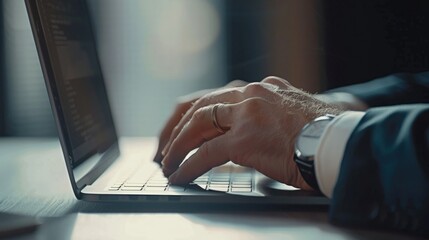Wall Mural - A man is typing on a laptop with a watch on his wrist