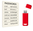 A card with passwords and a flash drive containing passwords are seen in a 3-d illustration about options for storing passwords.