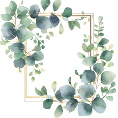Wall Mural - A square frame surrounded by beautifully illustrated eucalyptus leaves and branches, perfect for wedding invitations or elegant stationery.