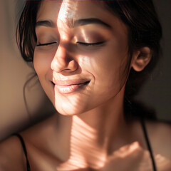 Wall Mural - close up of beautiful woman face with sunlight