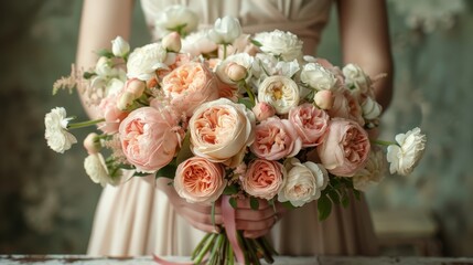 Poster -   A bride holds a bouquet of pink and white flowers, the bottom secured with a pink ribbow