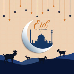 Wall Mural - Eid al adha wishing post design  with moon and stars, mosque post vector file