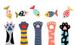 Cartoon colored cat paws and fish.Vector illustration. Cute poster.