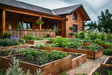 Wooden raised beds in countryside garden growing plants herbs spices vegetables flowers