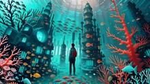 Underwater Sunken Lost City With Glowing Coral And Diverse Marine Life