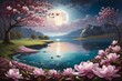 Moonlight Landscape Background, Moon Night landscape, Moonlight Wallpaper, Moonlight Scenery, Beautiful lake with Full Moon and Flowers, Beautiful Night, AI Generative