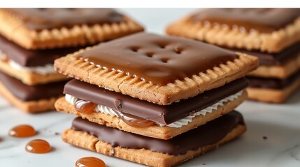 Sticker -   A tight shot of cookies stacked high, topped with melted chocolate and marshmallows