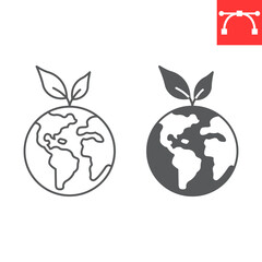 Wall Mural - Ecology line and glyph icon, globe and save our planet, earth with leaves vector icon, vector graphics, editable stroke outline sign, eps 10.