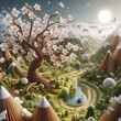 Fantasy Springtime Landscape of Blooming Cherry Blossom Trees Crafted from Paper in Origami Style