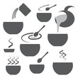 Preparing instant mash icon set, step by step instruction how to brewing instant food, make hot meal cooking direction, black icons isolated on white background, vector illustration.