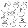 Preparing instant mash icon set, step by step instruction how to brewing instant food, make hot meal cooking direction, black line icons isolated on white background, vector illustration.