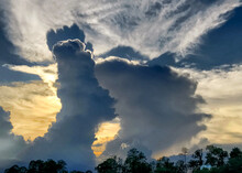 Large Storm Clouds Building Over A Tree Line At Sunset