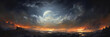 Fantasy Landscape With Dark Cloudy Sky And Giant Moon. Generative AI