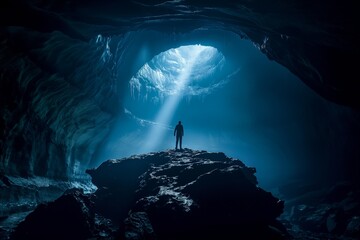 Poster - person standing in an ocean cave at night with sunbeams shining in the sky