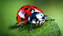 Close Up Macro Photography Of A Stunning Red Ladybug On A Beautiful Green Out Of Focus Background