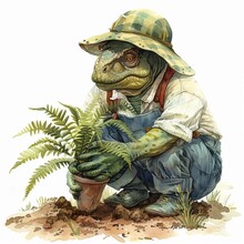Watercolor Depiction Of A Dinosaur Gardener, Planting Prehistoric Ferns, Illustrated On A White Backdrop