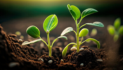 Fresh green soybean sprouts in the spring on the field. Generative AI,