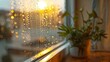 A cozy window view of raindrops trickling down the glass pane, creating a soothing ambiance for indoor reflection.