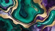 Opulent fusion, Emerald green and deep purple alcohol ink with golden accents, resembling a marble-textured earthly landscape.