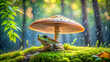 A green frog sits on the mossy ground, seeking shelter under a large mushroom, while raindrops fall all around it. The scene is lit by soft light filtering through the forest.AI generated.