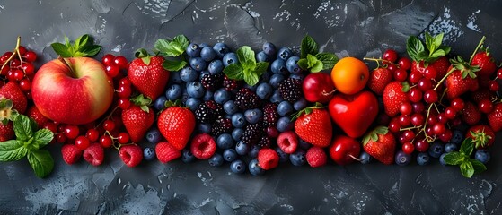 Wall Mural - Heart-Healthy Fresh Berries and Fruits Display, Nutritionist Approved. Concept Healthy Snacking, Fresh Produce, Nutrition Tips