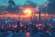 Futuristic solar panels integrated into urban landscapes, Red sun hangs low over a dense urban landscape, fiery sky and digital elements infusing the scene with a cybernetic essence.