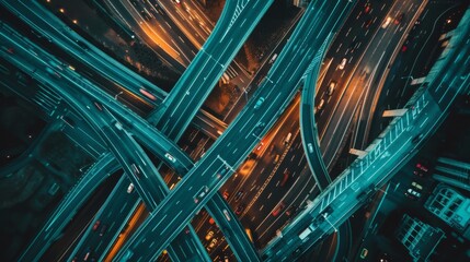 A drone's eye view of a busy interchange interchange, with cars streaming in and out, illustrating the complexity of modern road networks.