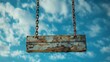 Cartel de madera colgando de unas cadenas, fondo cielo azul con nube, blank
