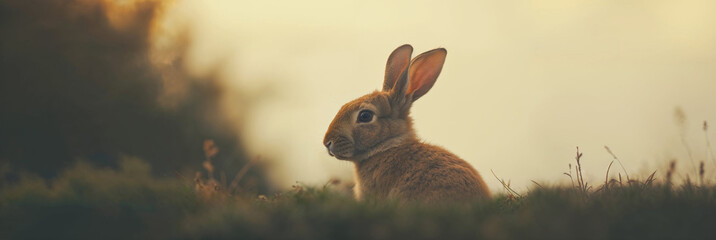 rabbit is positioned in the middle of a lush green grassy field