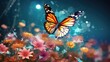 A whimsical scene of a polygon butterfly hovering over a digital flower garden, illustrating a fusion of technology and natural elements