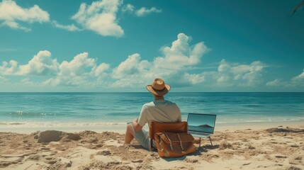 Remote Work Paradise: Freelancer With Laptop On Tropical Beach