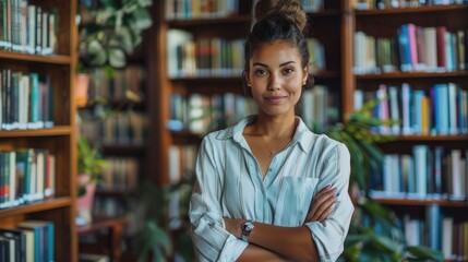 Wall Mural - A woman is standing in a library with her arms crossed and a smile on her face