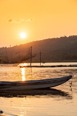 Wall Mural - View of fishing net on Phu Ngan near Ong Cop bridge or Tiger wooden bridge, Vietnam's longest wooden bridge in Phu Yen province, Vietnam.