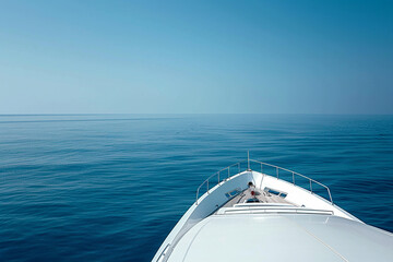 A boat is sailing in the ocean with a clear blue sky above