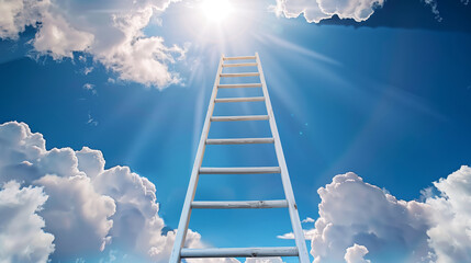 A ladder is shown against a blue sky with clouds. The sky is clear and bright, with the sun shining . a ladder stretching all the way from the ground and disappearing into the clouds in the sky above