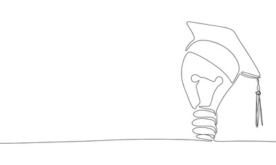 Wall Mural - Bulb with graduated cap one line continuous. Line art graduated banner concept. Hand drawn vector art.