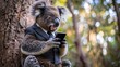 Koala in a business suit negotiating an important deal on a smartphone atop a eucalyptus tree