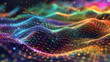 Colorful wavy background with glowing connectivity lines. Sparkling grid with particles. Concepts of connectivity, quantum field, matter, universe, space, information.