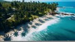 Aerial view of tropical beach with palm trees and turquoise water. Panoramic photo.
