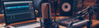 © Nuchylee - Workplace of content creator, Home studio podcast gadget interior, Microphone and laptop for on air live streaming banner style
