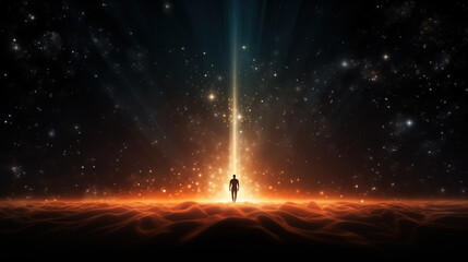 Wall Mural - Person standing under the beam of bright light, surrounded by glowing golden energy.  Silhouette of a man on dark cosmic background with stars and sparkles. Mystical experience.