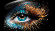 Eye on a black background and a lot of glitter makeup. Generative AI,