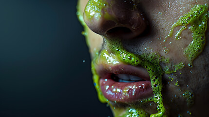 Close-up portrait of a young woman with green slime on her face. 