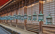 view to a row of old traditional japanese green metal lamps