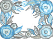 Watercolor card with Abstract Blue Flowers and leaves, Decorative round Flowers