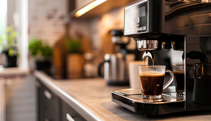 Wall Mural - Modern coffee machine with glass cup of hot espresso on table in kitchen