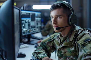 Military support gives commands and instructions using headset